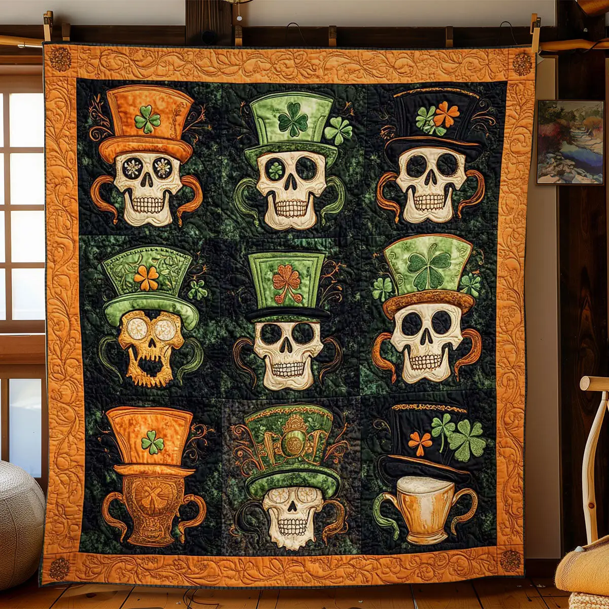 Brewed Skull Quilted Blanket Aesthetic Home Decor St Patrick's Day Gifts For Nana