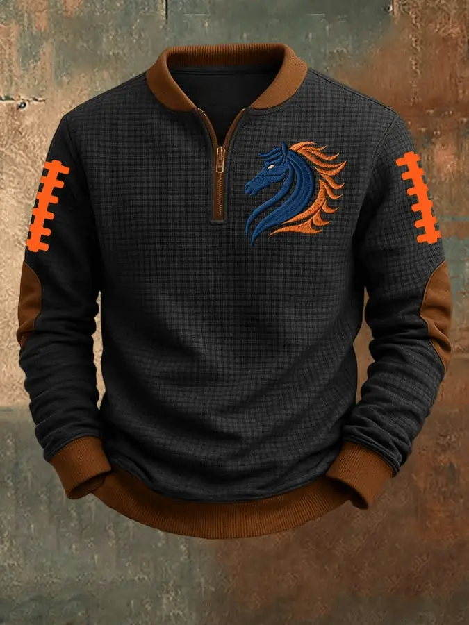 Broncos Football Merch Men's Broncos Zip Collar Sweatshirt Waffle Game Day Outfit