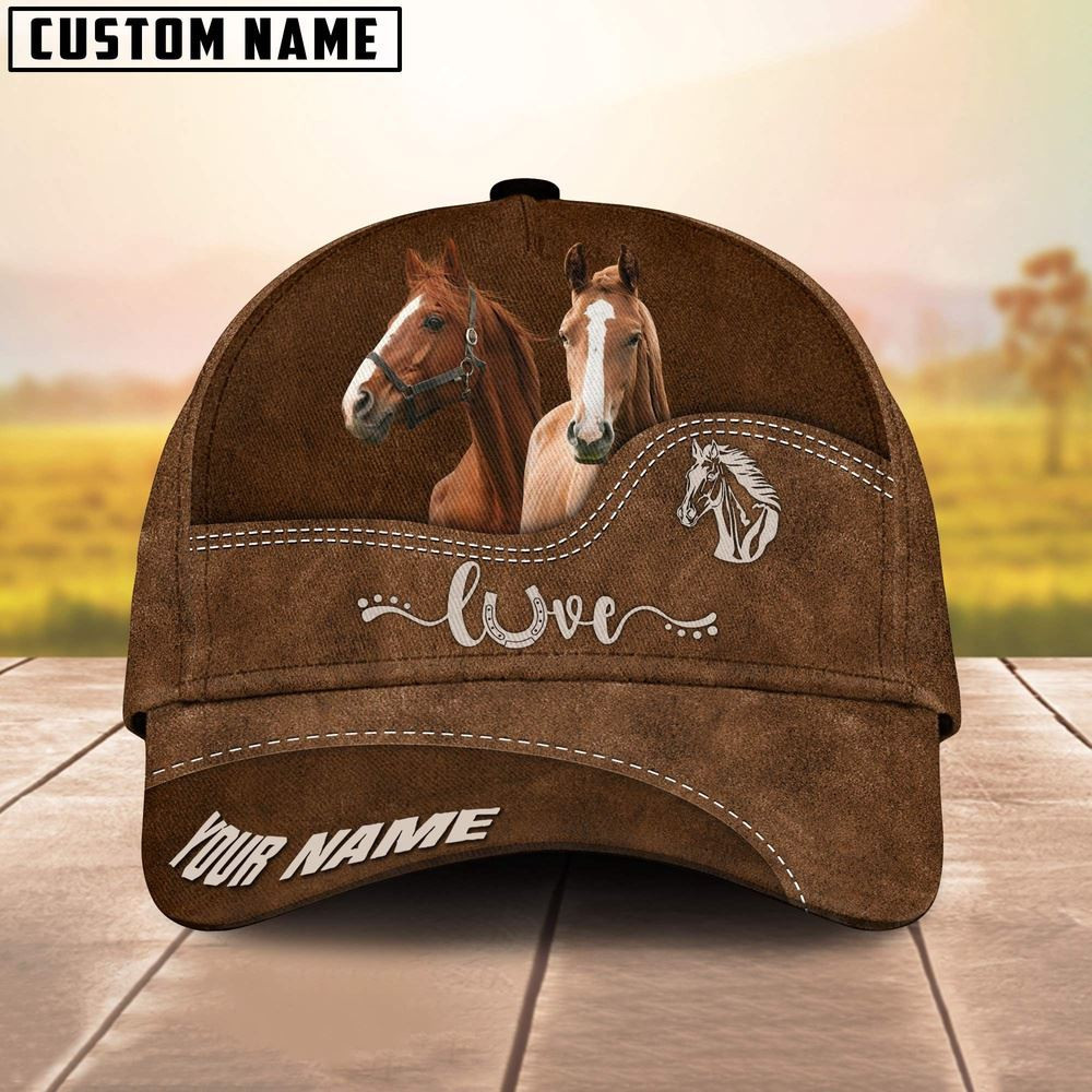 Brown Horse Love Leather Pattern Customized Name Cap Farmer Baseball Cap Gift For Farmer