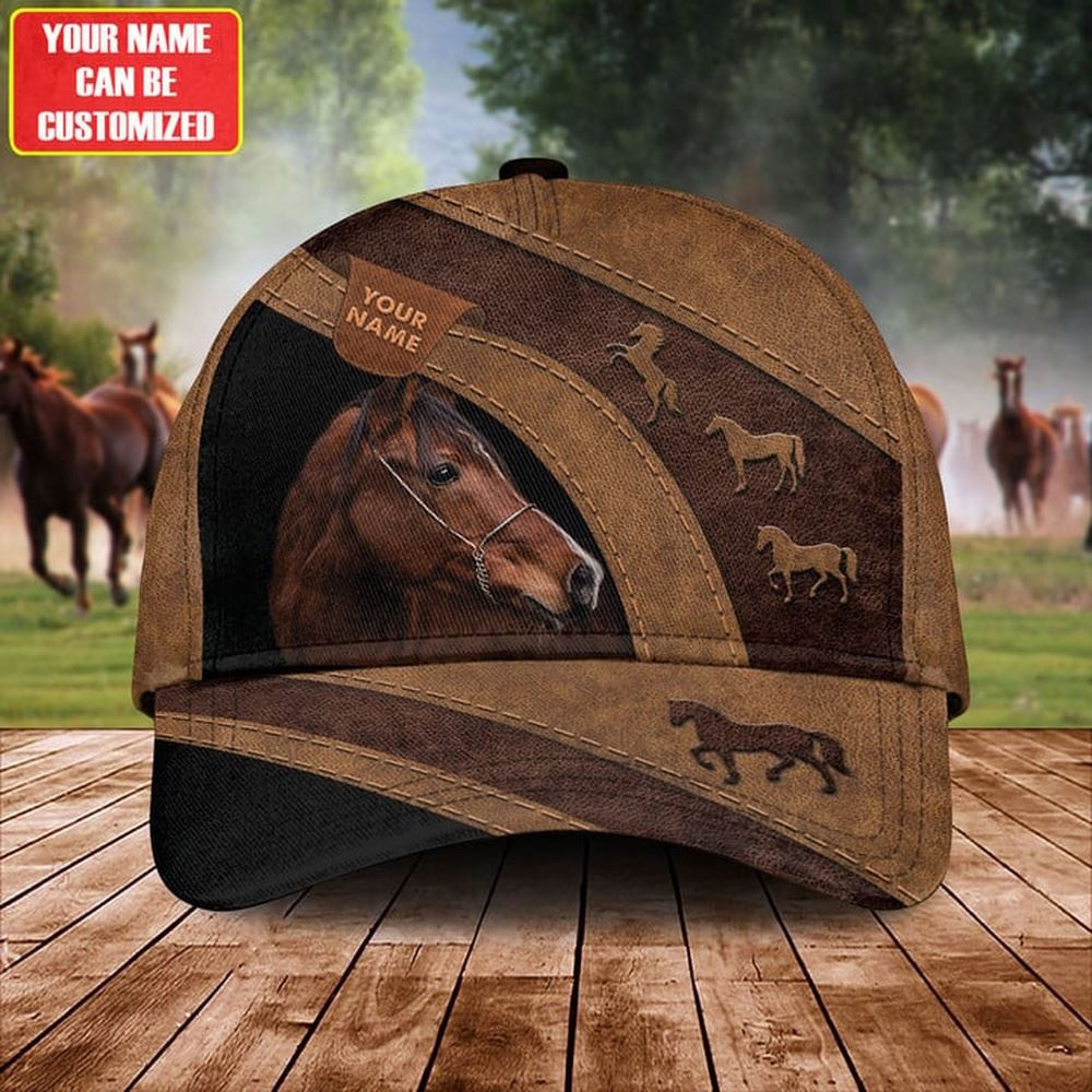 Brown Horse Lovers Leather Pattern Customized Name Cap Farm Cap Farmer Baseball Cap Gift For Farmer