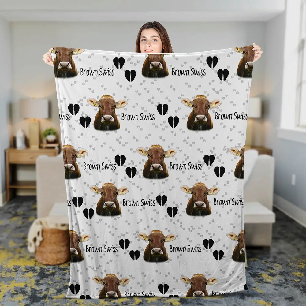 Brown Swiss Cattle Happy Pattern Blanket Farm Blanket Gift For Farmer