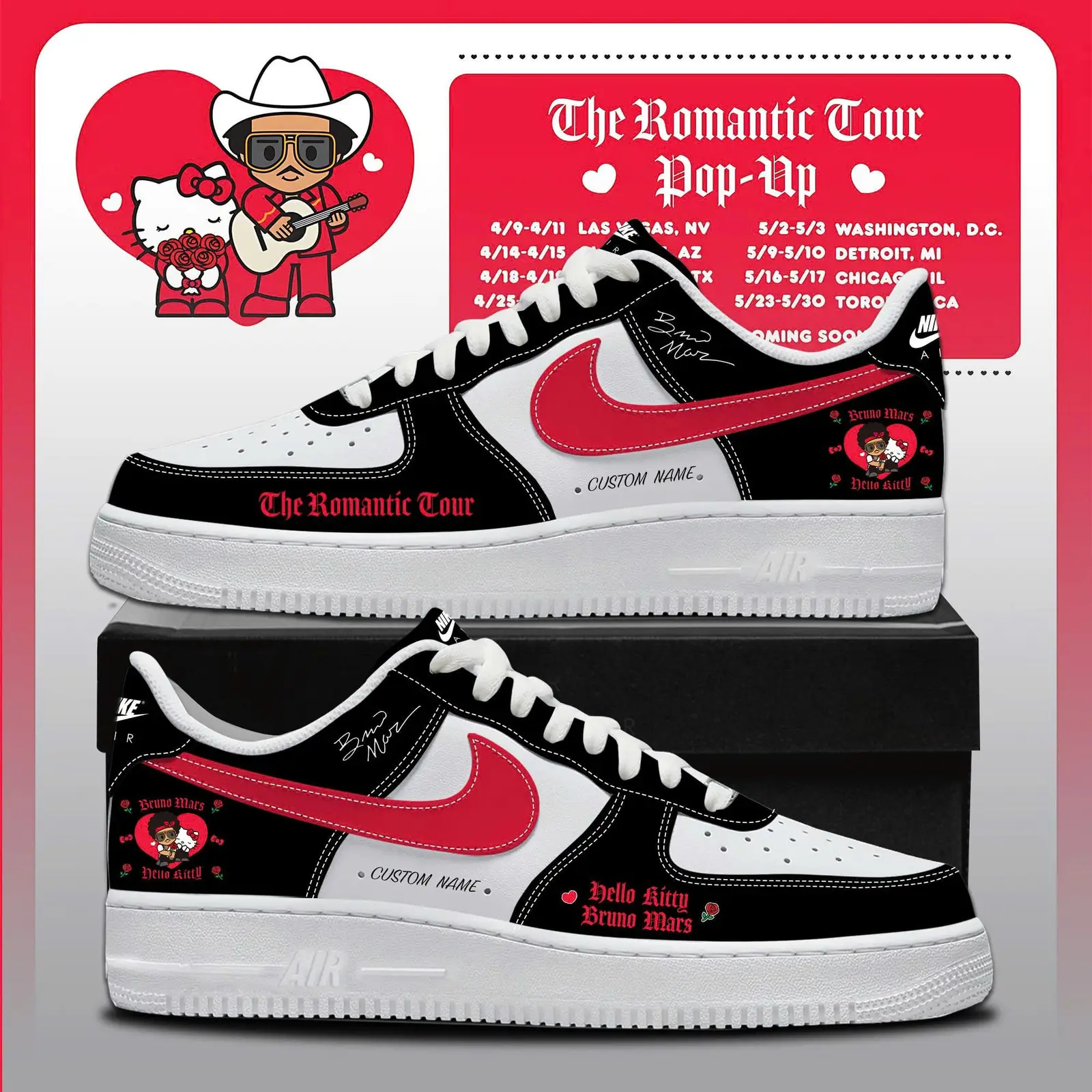 Bruno Mars Hello Kitty Air Force 1 Sneakers Romantic Tour Event Gear Merch Gift For Live Music