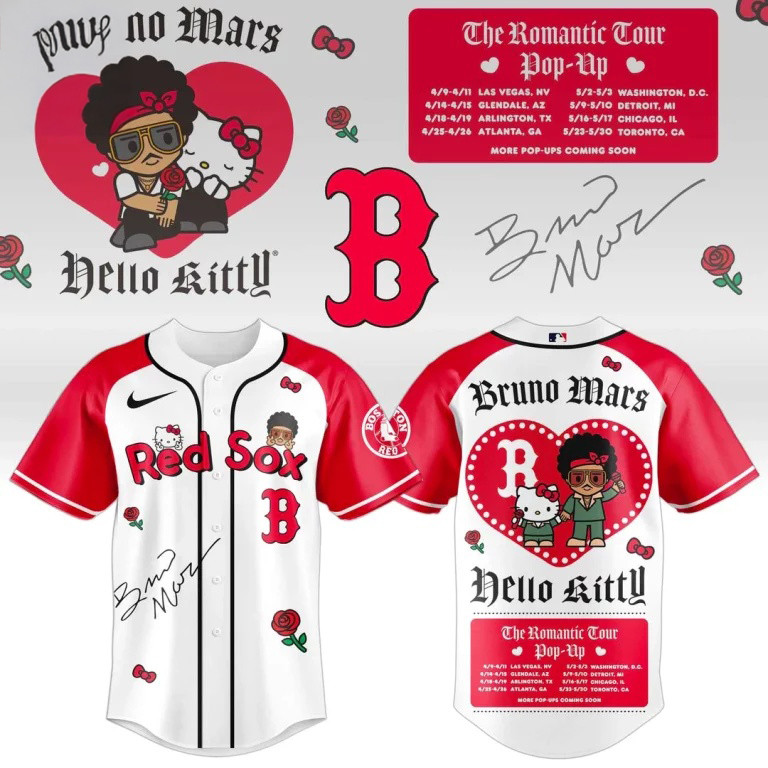 Bruno Mars Hello Kitty Boston Red Sox Jersey The Romantic Tour Pop-Up 2026 Merch Ideas