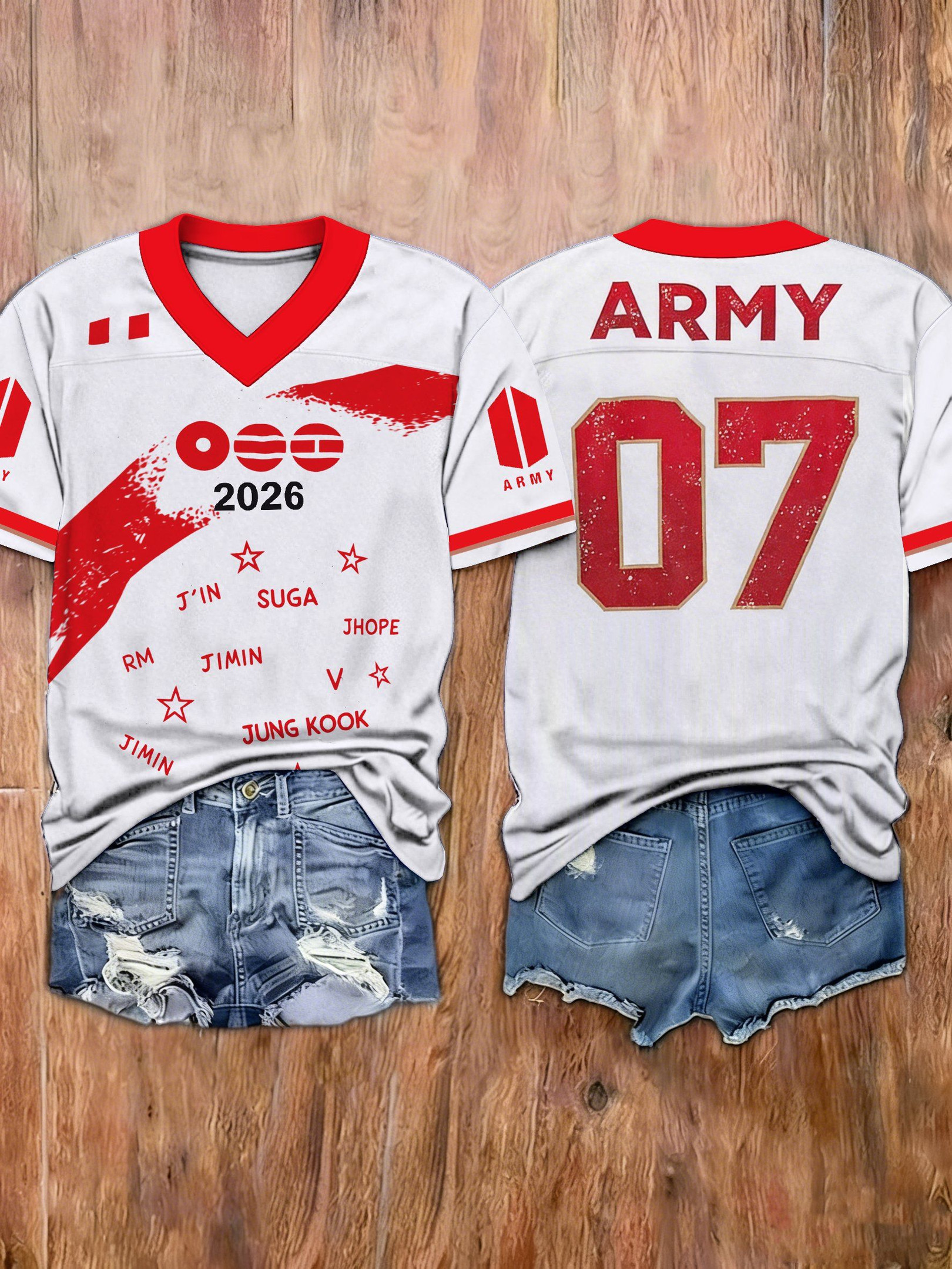 BTS 07 Red White Jersey Shirt Heart And Member Signatures Clothing Gift For BTS Fans