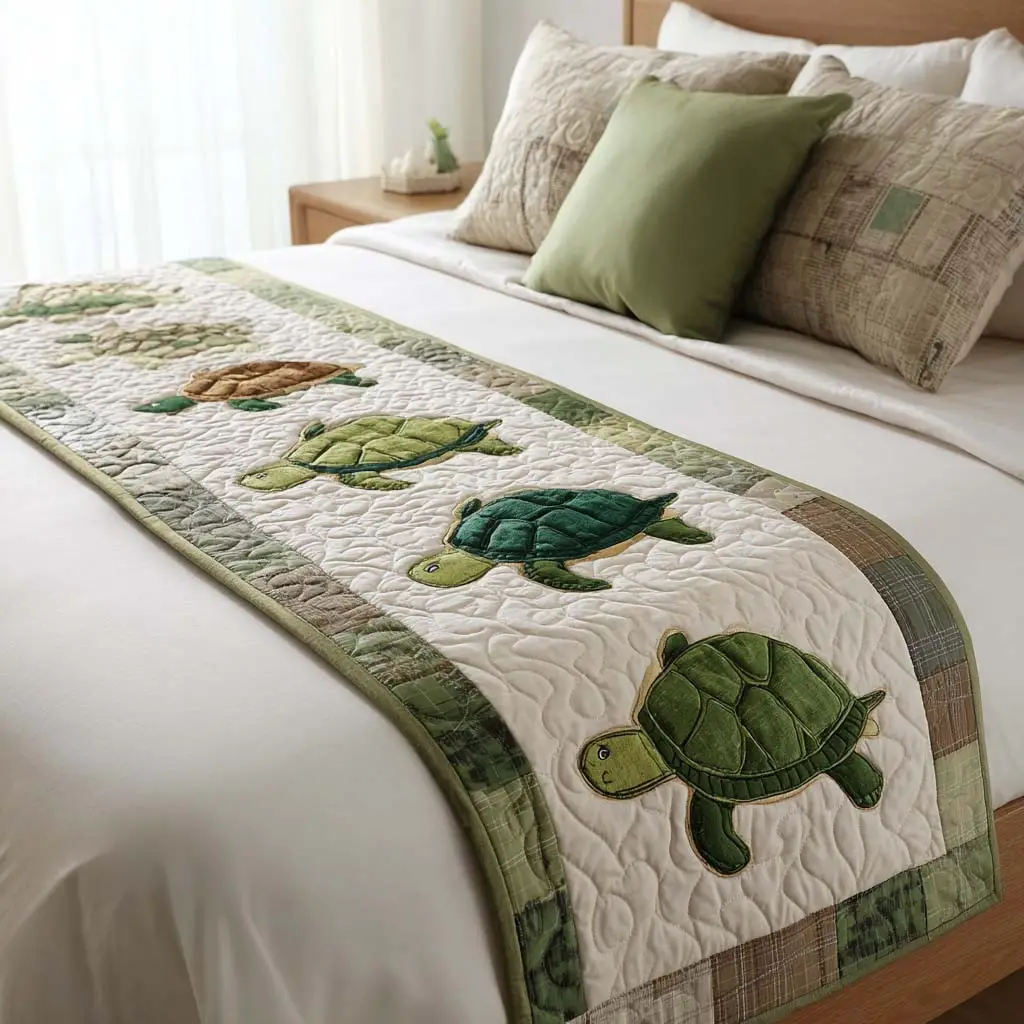 Bubbles the Turtle Quilted Bed Runner Playful Turtle Bubbles Ocean Gift Bubbles the Turtle Quilted Bed Runner Playful Turtle Bubbles Ocean Gift - Image 1