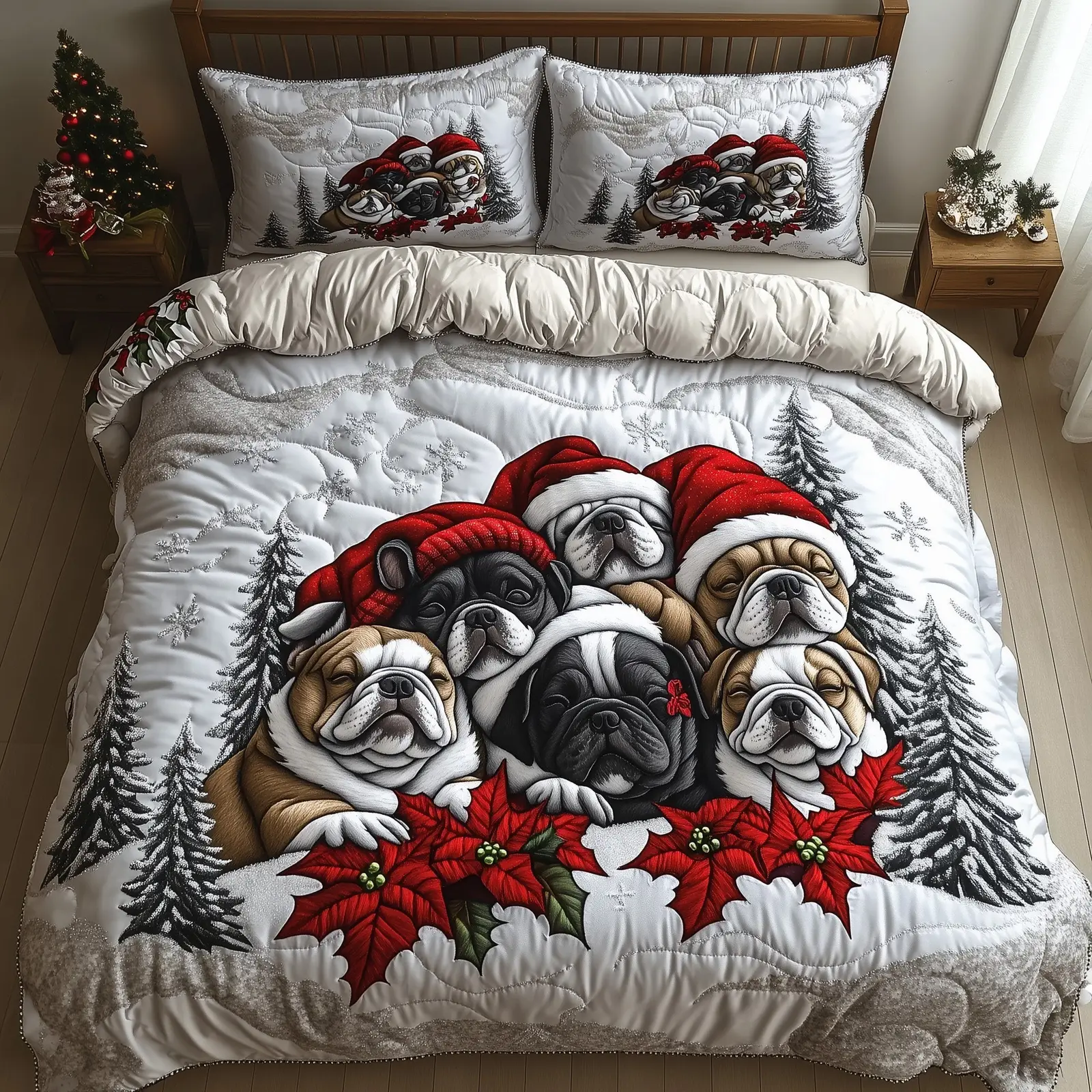 Bulldog Charm Christmas Quilted Bedding Set Duvet Cover Bedspread Dog Theme Xmas Gift Ideas