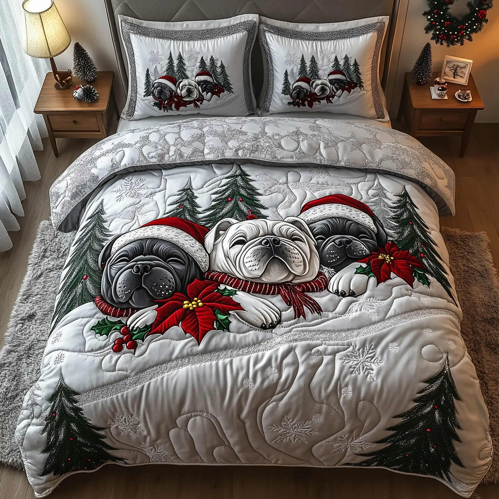Bulldog Charm Christmas Quilted Bedding Set Duvet Cover Bedspread Dog Theme Xmas Presents