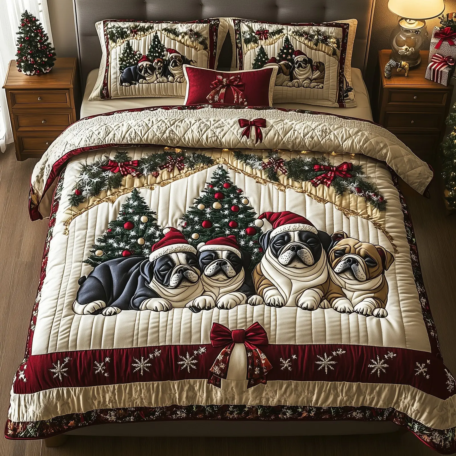 Bulldog Charm Christmas Quilted Bedding Set Duvet Cover Bedspread Dog Themed Xmas Presents