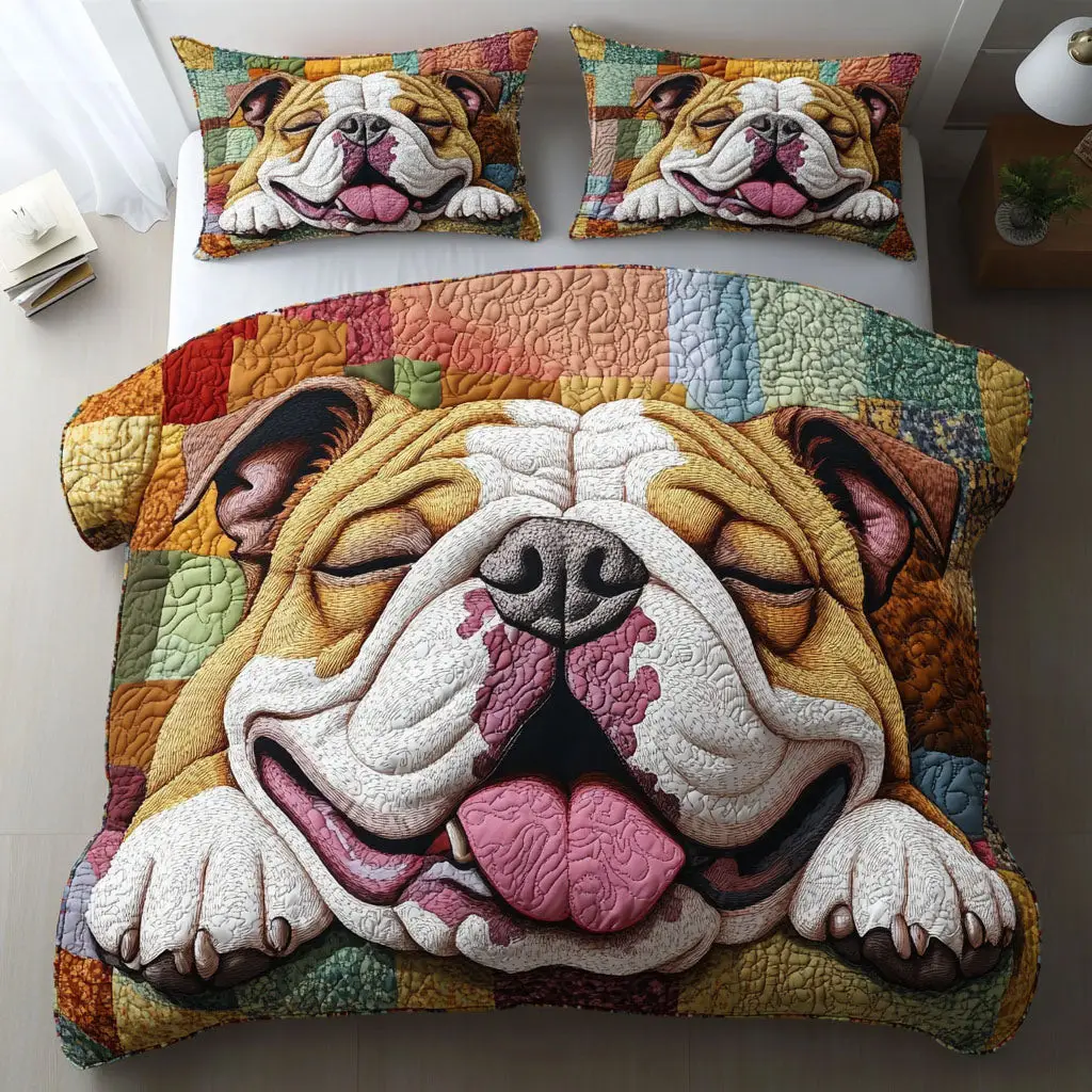 Bulldog Comfort Zone Quilted Bedding Set Cozy Bedding Merch Gift That Brings Sweet Dreams