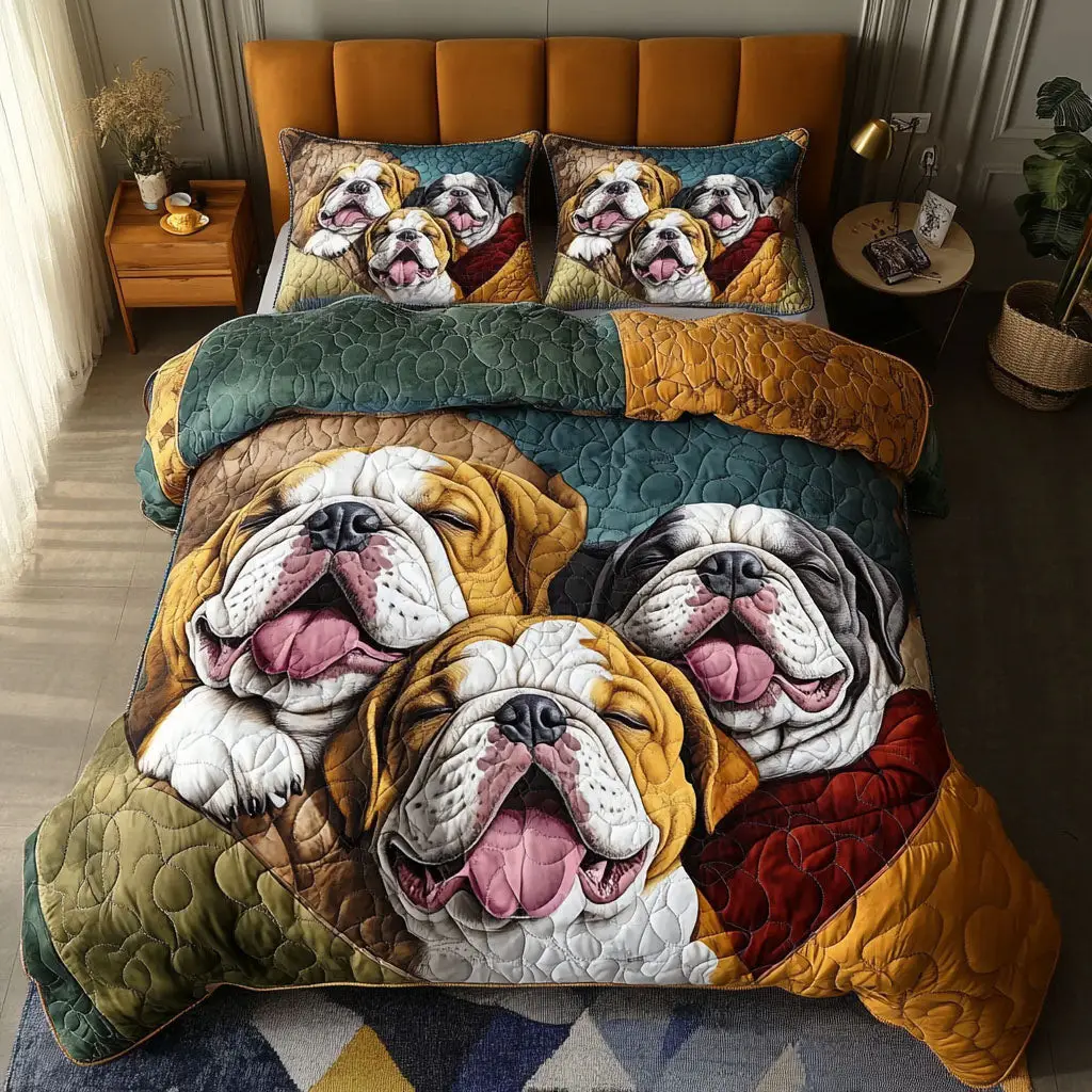 Bulldog Dreaming Quilted Bedding Set Luxury Duvet Cover Set for Elegant Bedroom Decor