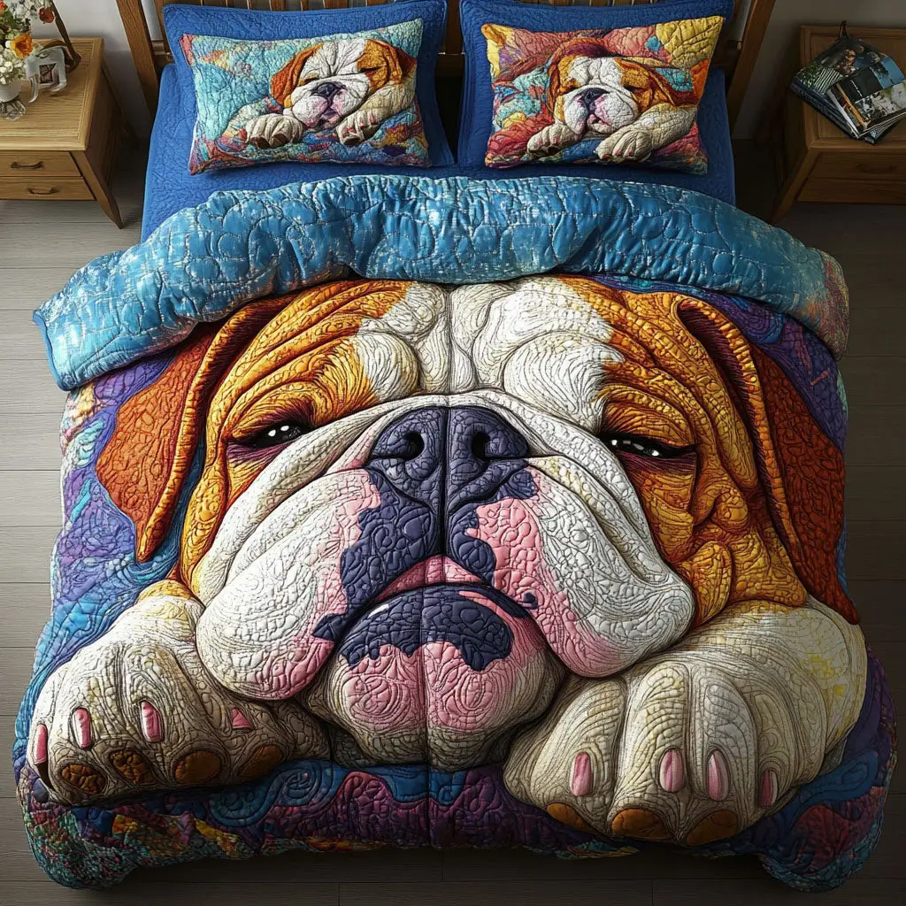 Bulldog Nap Patch Quited Bedding Set Perfect Bedding Gift Set for Holiday Celebrations