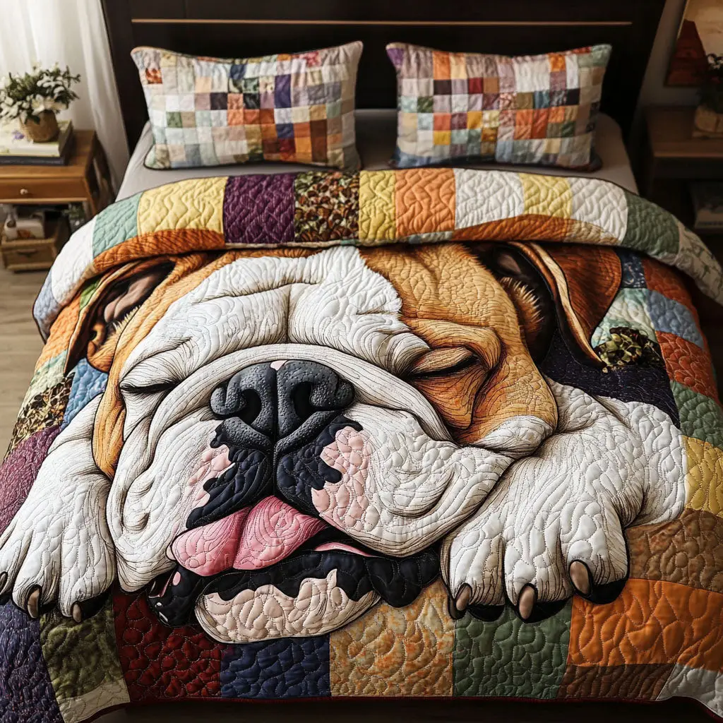 Bulldog Sleepy Time Quilted Bedding Set Beautiful Bedding Merch Gift for a Peaceful Sleep