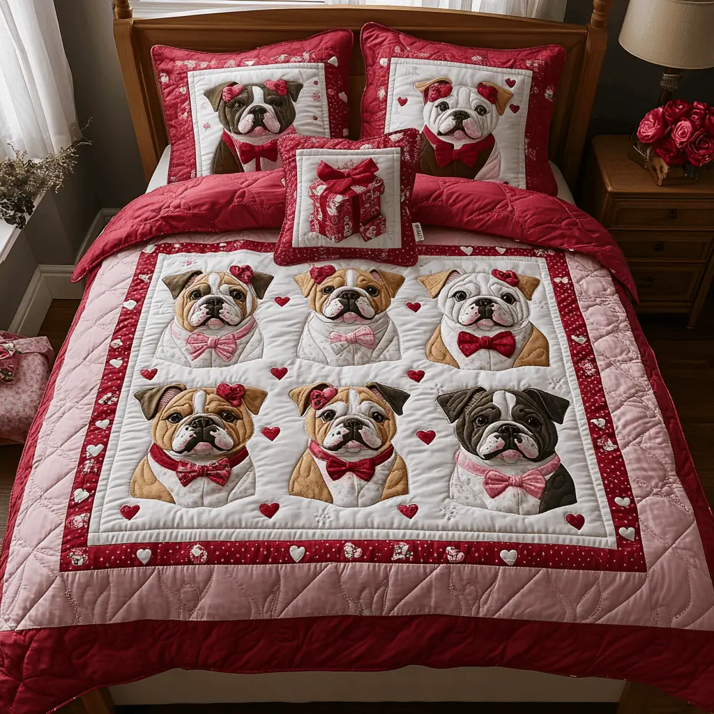 Bulldog Wonderland Quilted Bedding Set Minimalist Home Decor Unique Valentine's Day Ideas