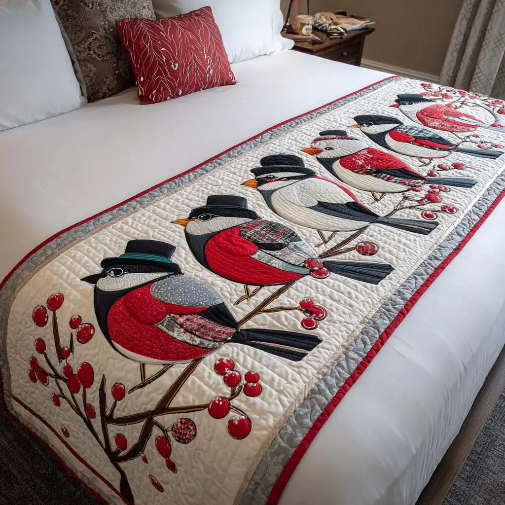 Bullfinch Holiday Joy Quilted Bed Runner Holiday Bullfinch Joy Christmas Gift for Grandma