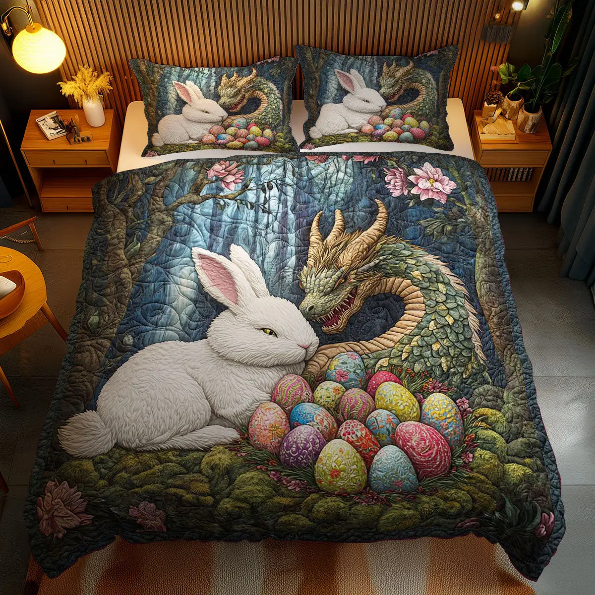 Bunny And Dragon Easter Quilted Bedding Set Holiday Duvet Cover Dragonfly Gifts For Mom