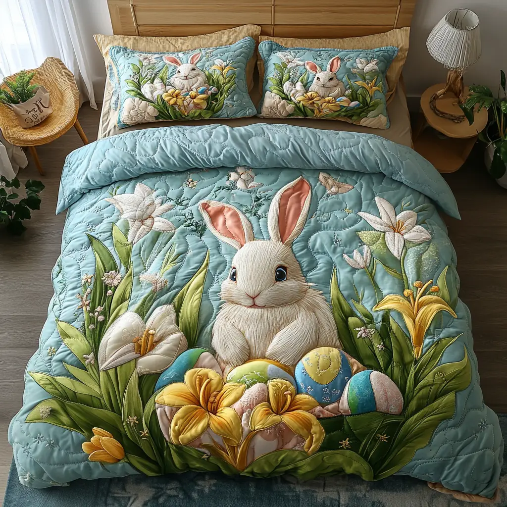 Bunny Bloom Quilted Bedding Set Holiday Duvet Cover Unique Bunny Gifts