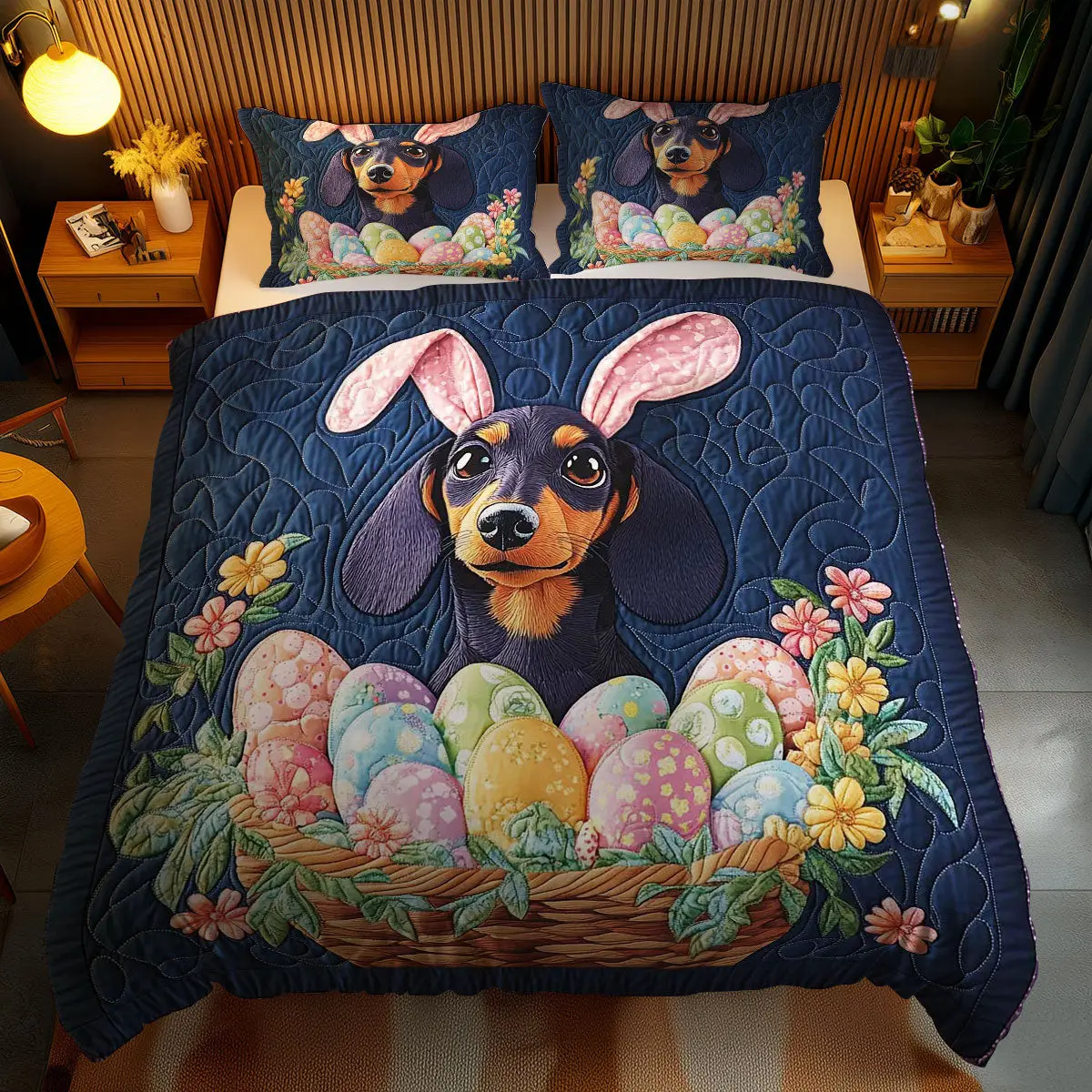 Bunny Eared Dachshund Quilted Bedding Set Holiday Duvet Cover Unique Bunny Gifts For Mom