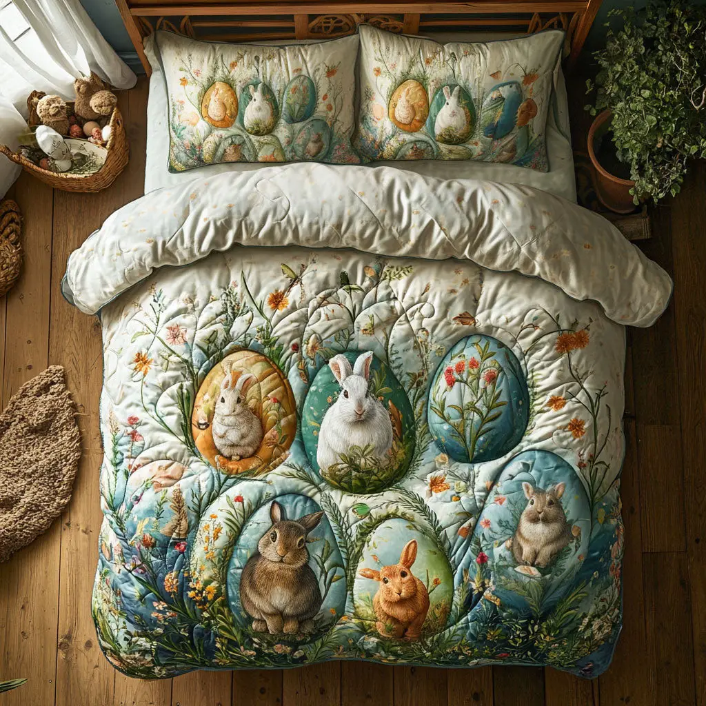 Bunny Easter Eggs Quilted Bedding Set Holiday Bedroom Decoration Presents For Bunnies