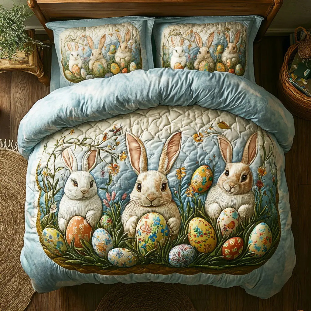 Bunny Easter Eggs Quilted Bedding Set Holiday Bedroom Decoration Presents For Dad