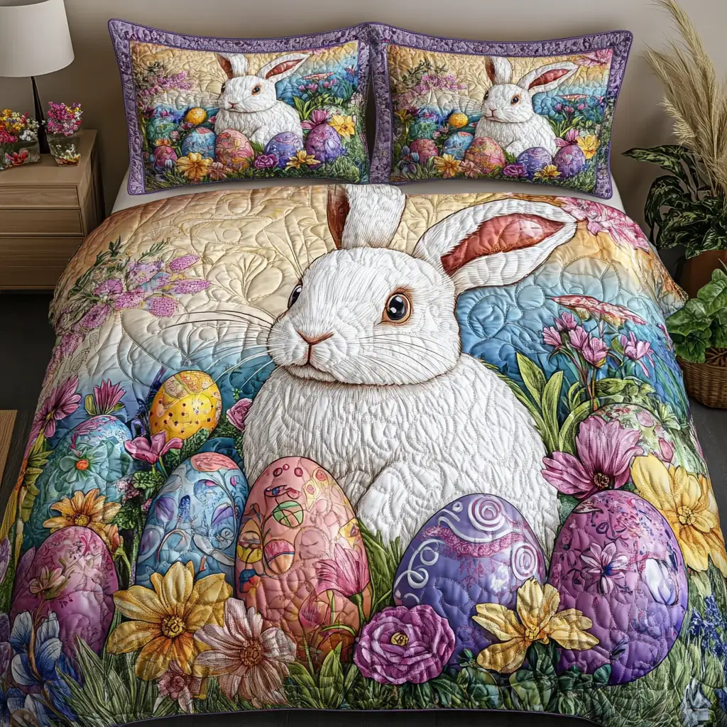 Bunny Meadows Quilted Bedding Sets Colorful Eggs Floral Decor Easter Holiday Gift Items