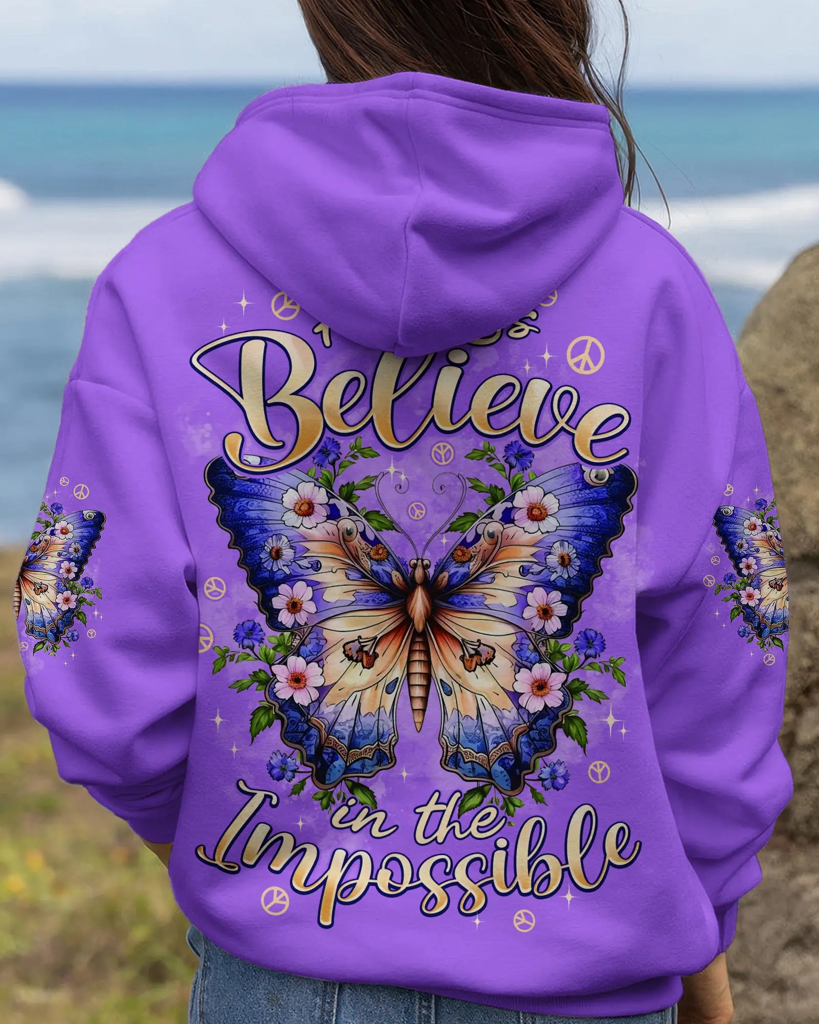 Butterfly Always Believe In The Impossible Hoodie Purple Floral Peace Motivational Gift For Her