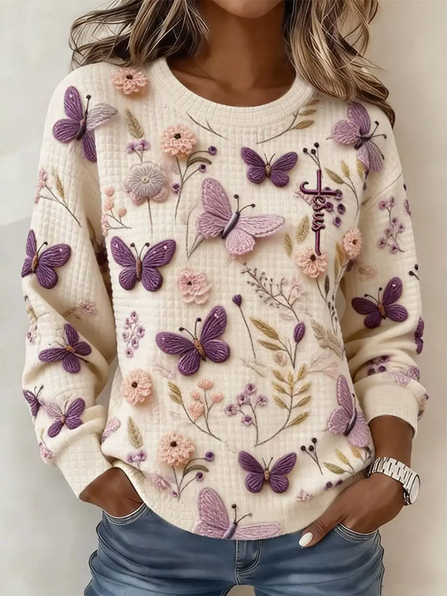Butterfly Christian Faith Embroidered Sweatshirt Floral Jesus Inspirational Shirt Gift for Her