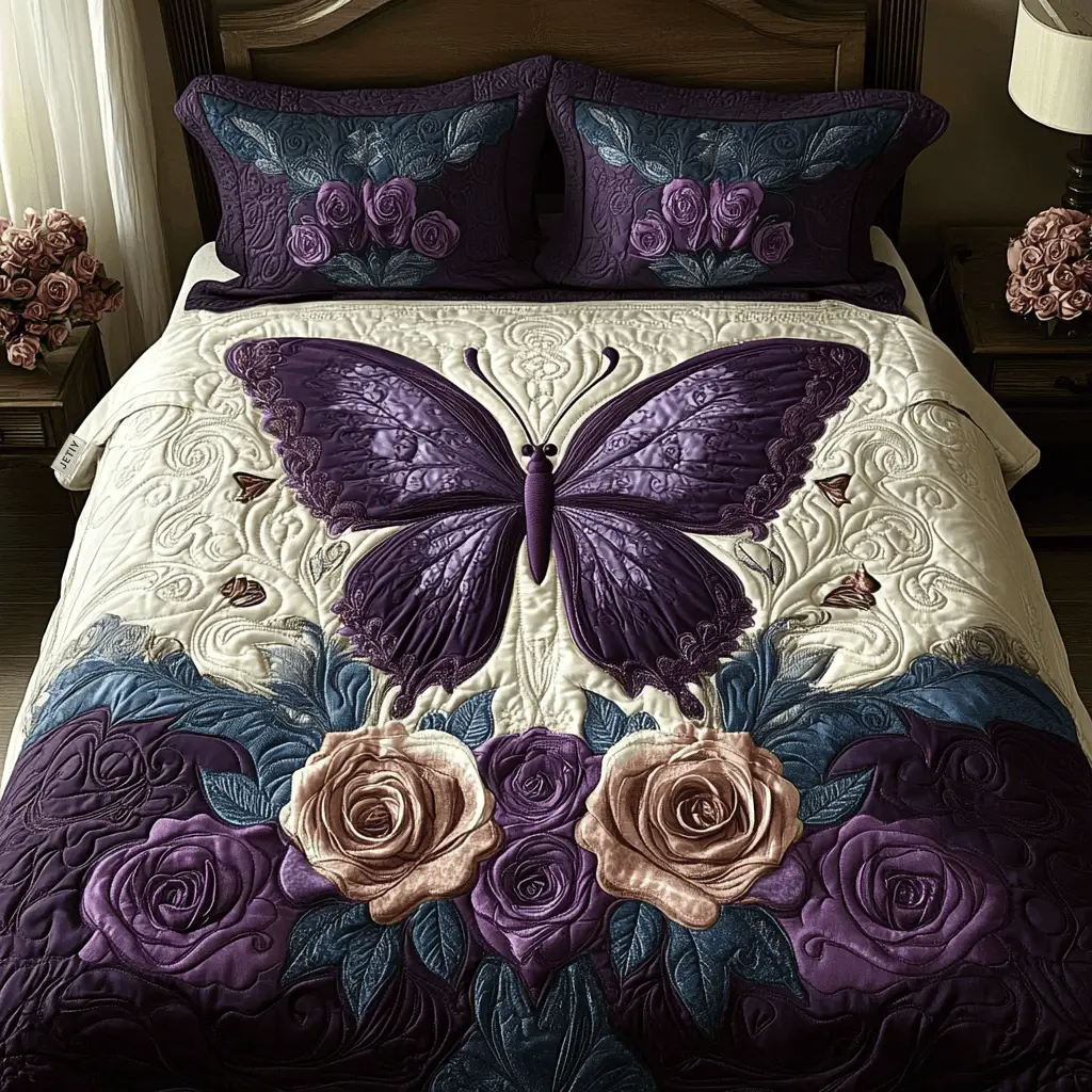Butterfly Dreams Quilted Bedding Set Purple Floral Duvet Covers Cute Mother's Day Gift