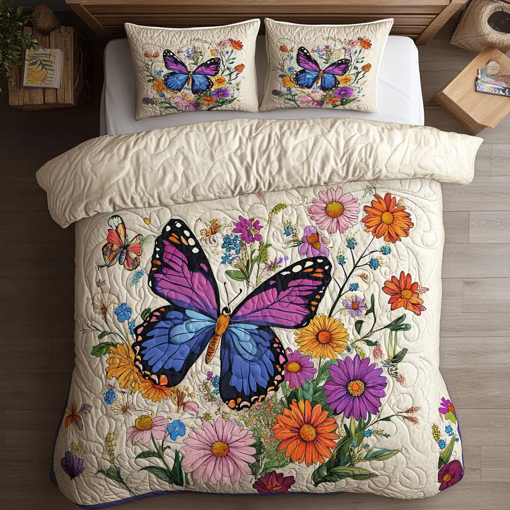 Butterfly Garden Quilted Bedding Set Duvet Cover Bedspread Present Ideas For Her