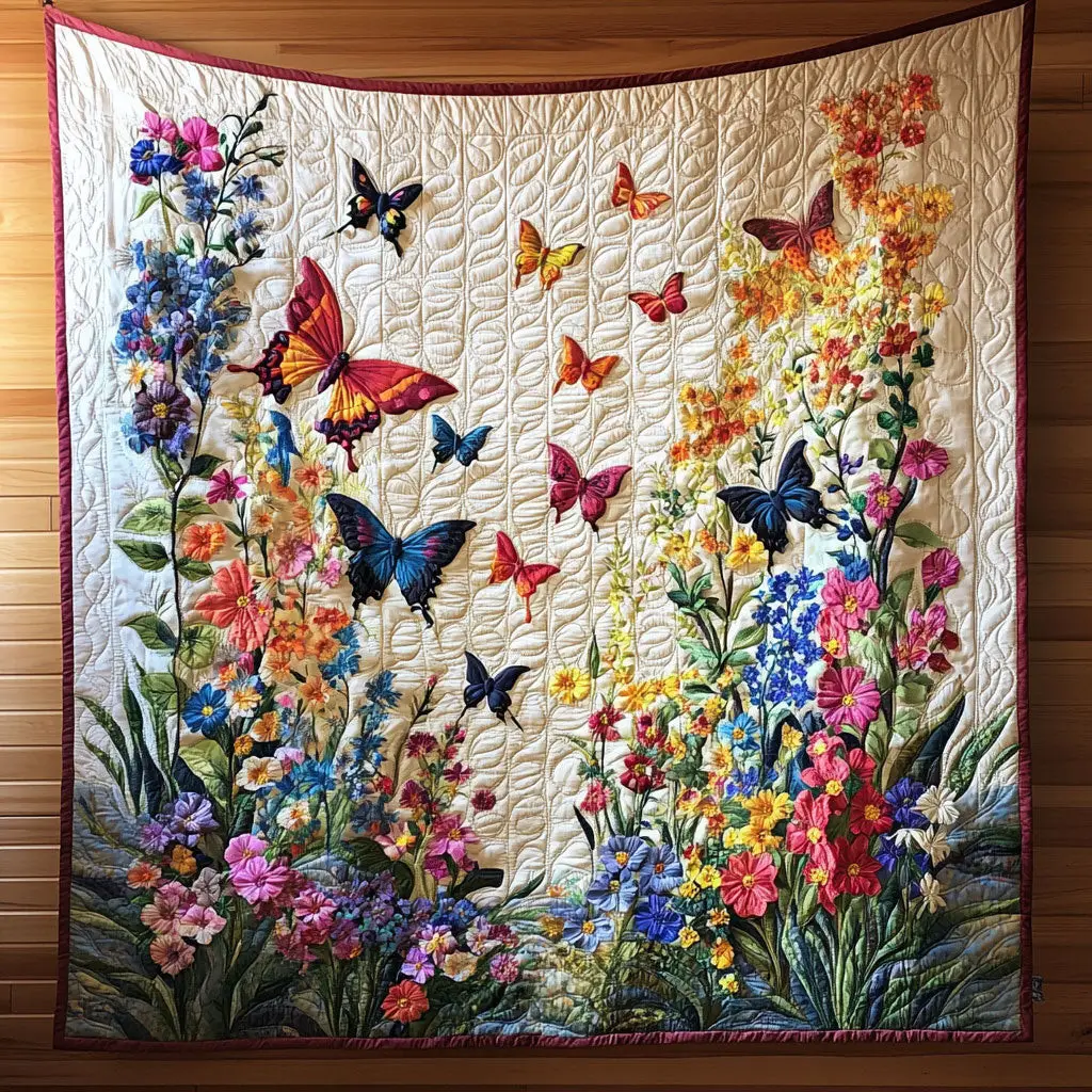 Butterfly Meadow Symphony Quilt Luxury Quilt Blanket with Decorative Stitching