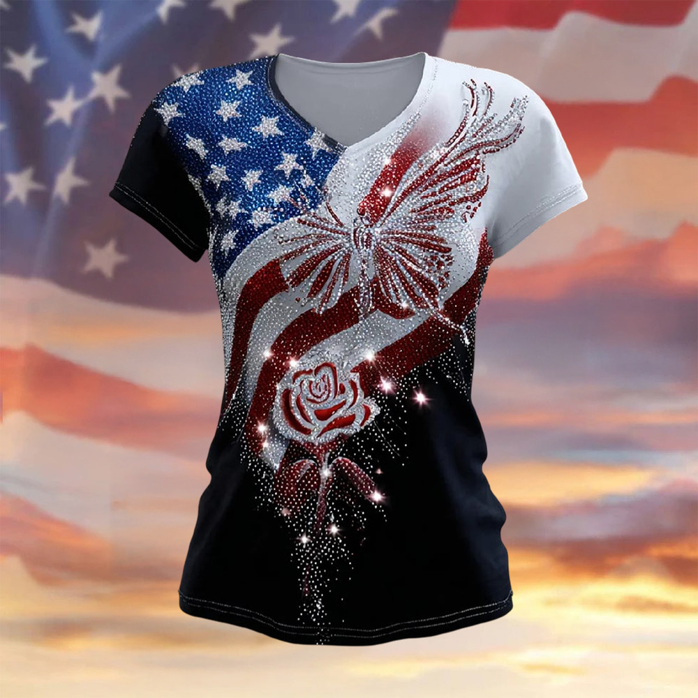 Butterfly USA 250 Years Of Freedom V-Neck Shirt 4Th Of July Outfits Present For Women Butterfly USA 250 Years Of Freedom V-Neck Shirt 4Th Of July Outfits Present For Women - Image 1