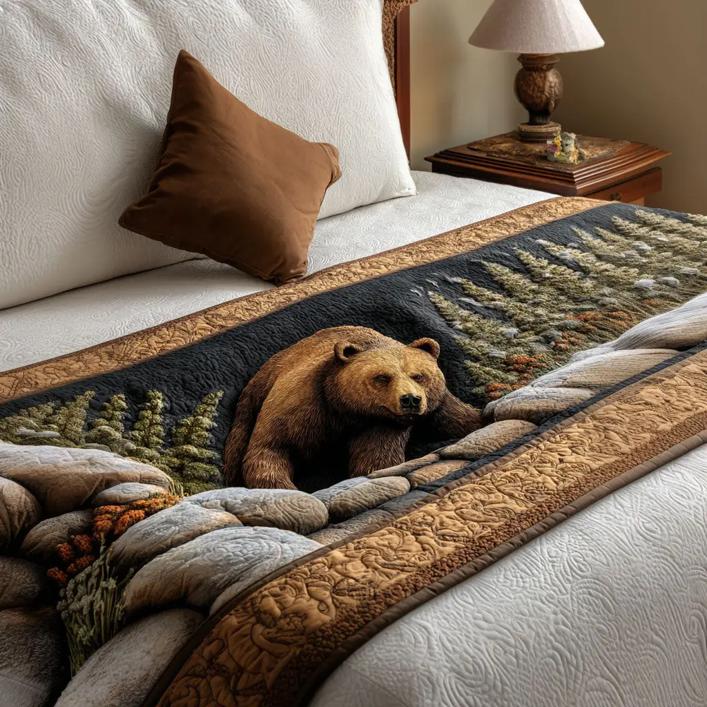 Cabin Creek Grizzly Quilted Bed Runner Grizzly Creek Trail Rustic Cabin Gift