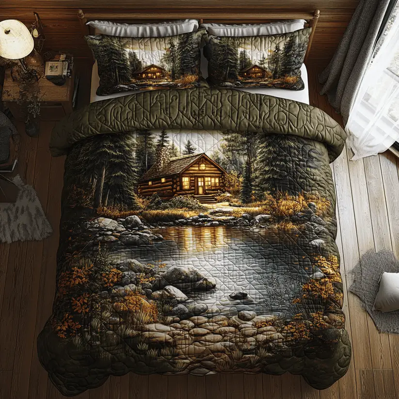 Cabin Glow Quilt Bedding Set Camping King Size Bed Set Gift for Camping Lovers