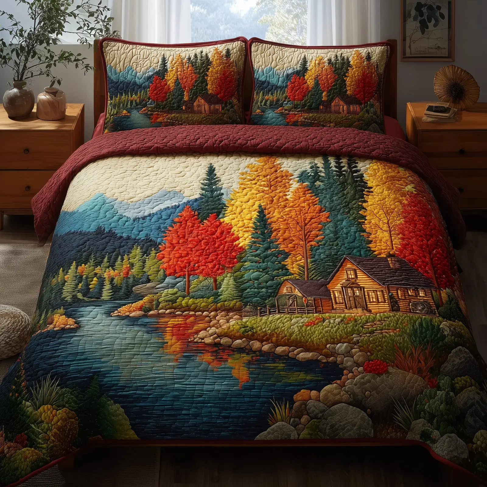 Cabin Lake Quilted Bedding Set Duvet Bed Set Gifts For Nature Lovers