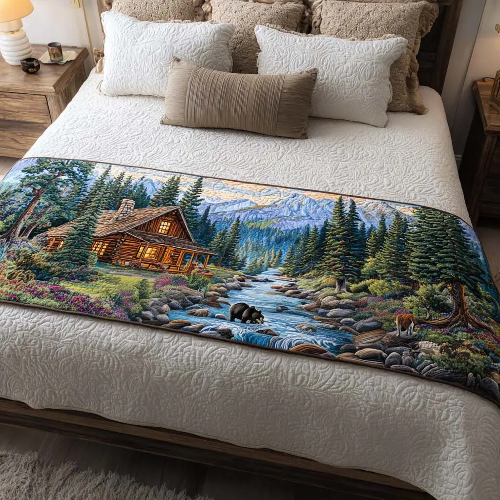 Cabin Sleep Bliss Quilted Bed Runner Cozy Cabin Sleep Scene Winter Gift for Grandma