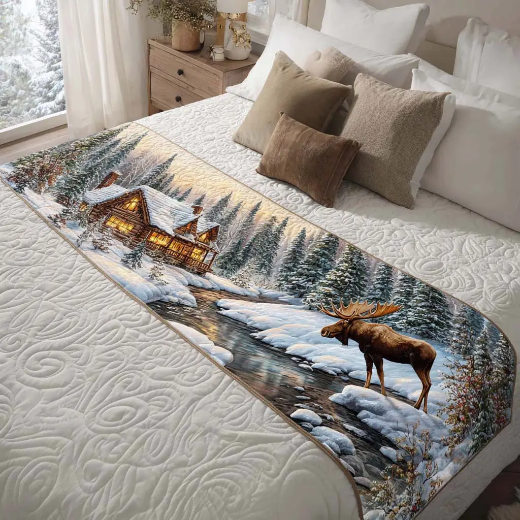 Cabin Snow Drift Quilted Bed Runner Snowy Cabin Artwork Winter Gift for Dad