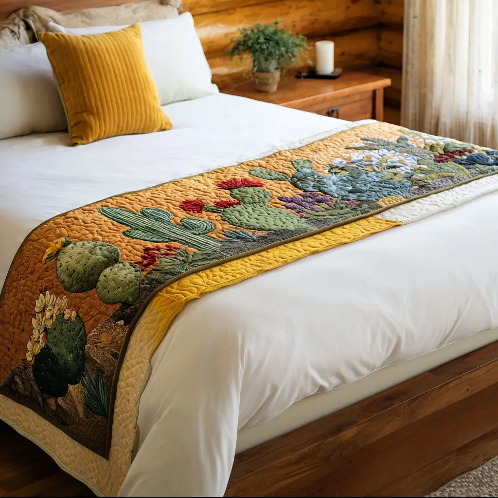 Cactus Bloom Quilted Bed Runner Desert Bloom Style Gift for Wife