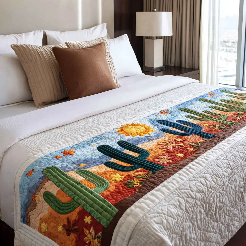 Cactus Country Quilted Bed Runner Western Desert Style Gift for Dad Cactus Country Quilted Bed Runner Western Desert Style Gift for Dad - Image 1