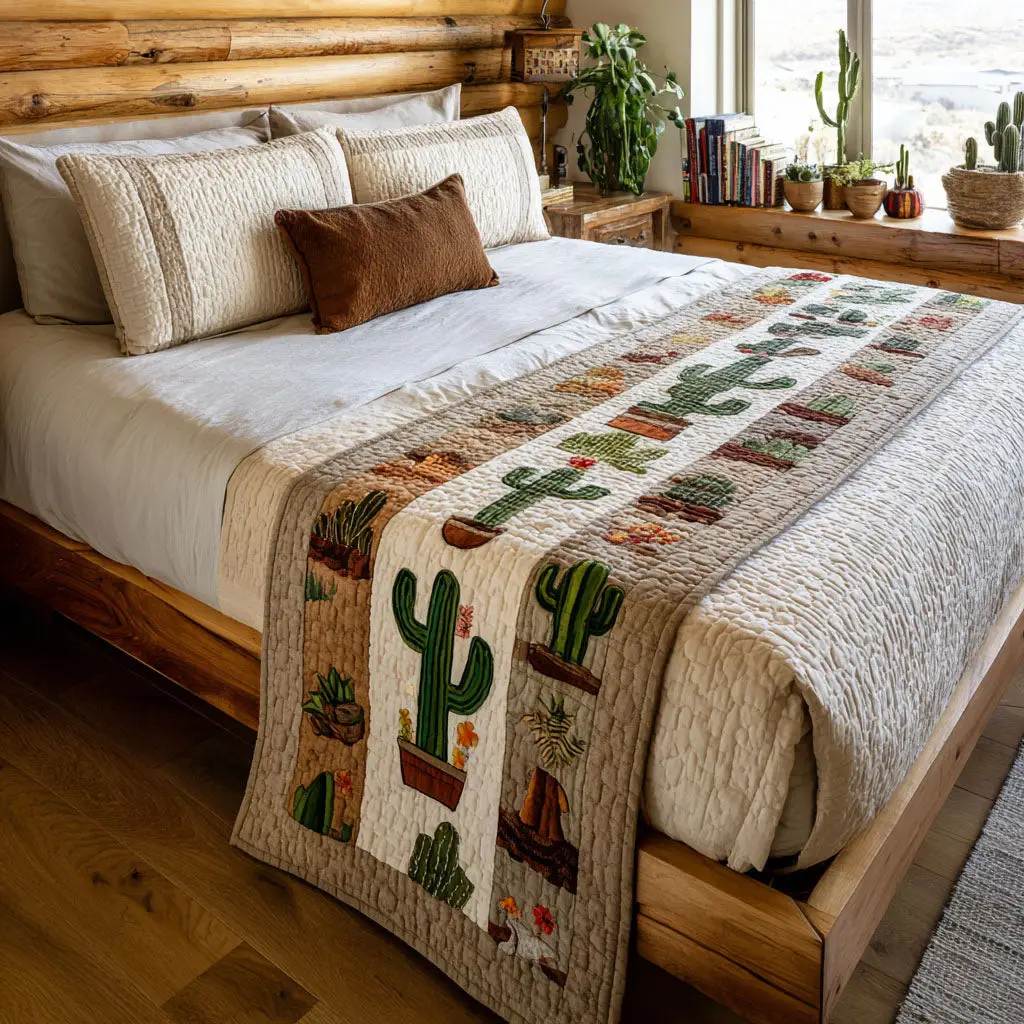 Cactus Garden Quilted Bed Runner Cactus Garden Arrangement Desert-Themed Gift