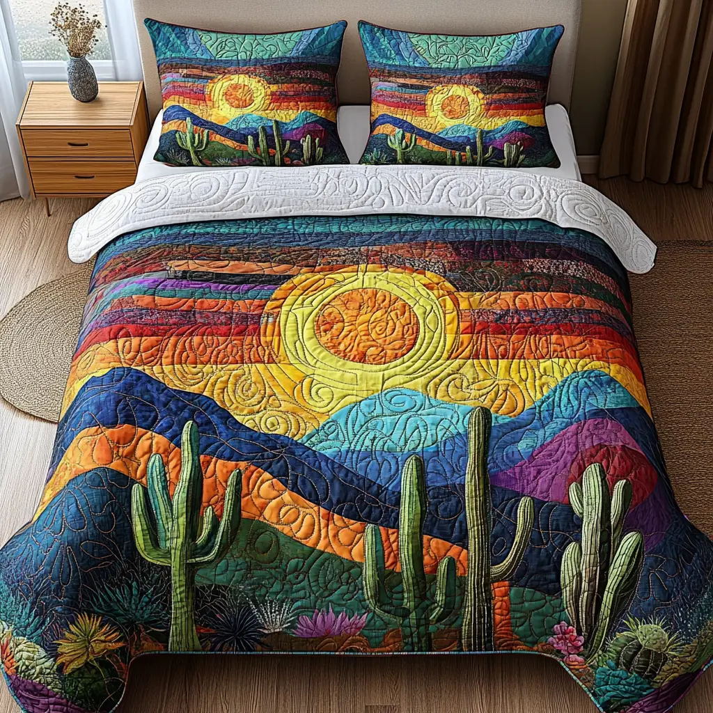 Cactus Sunset Quilted Bedding Set Soft Bed Sheet and Pillowcase Set for Relaxing Nights
