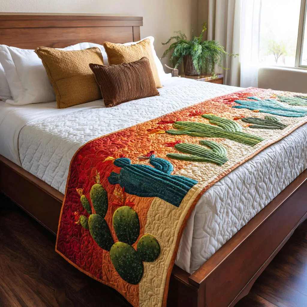 Cactus Sunset Serenity Quilted Bed Runner Cactus Sunset Scene Gift for Desert Lovers