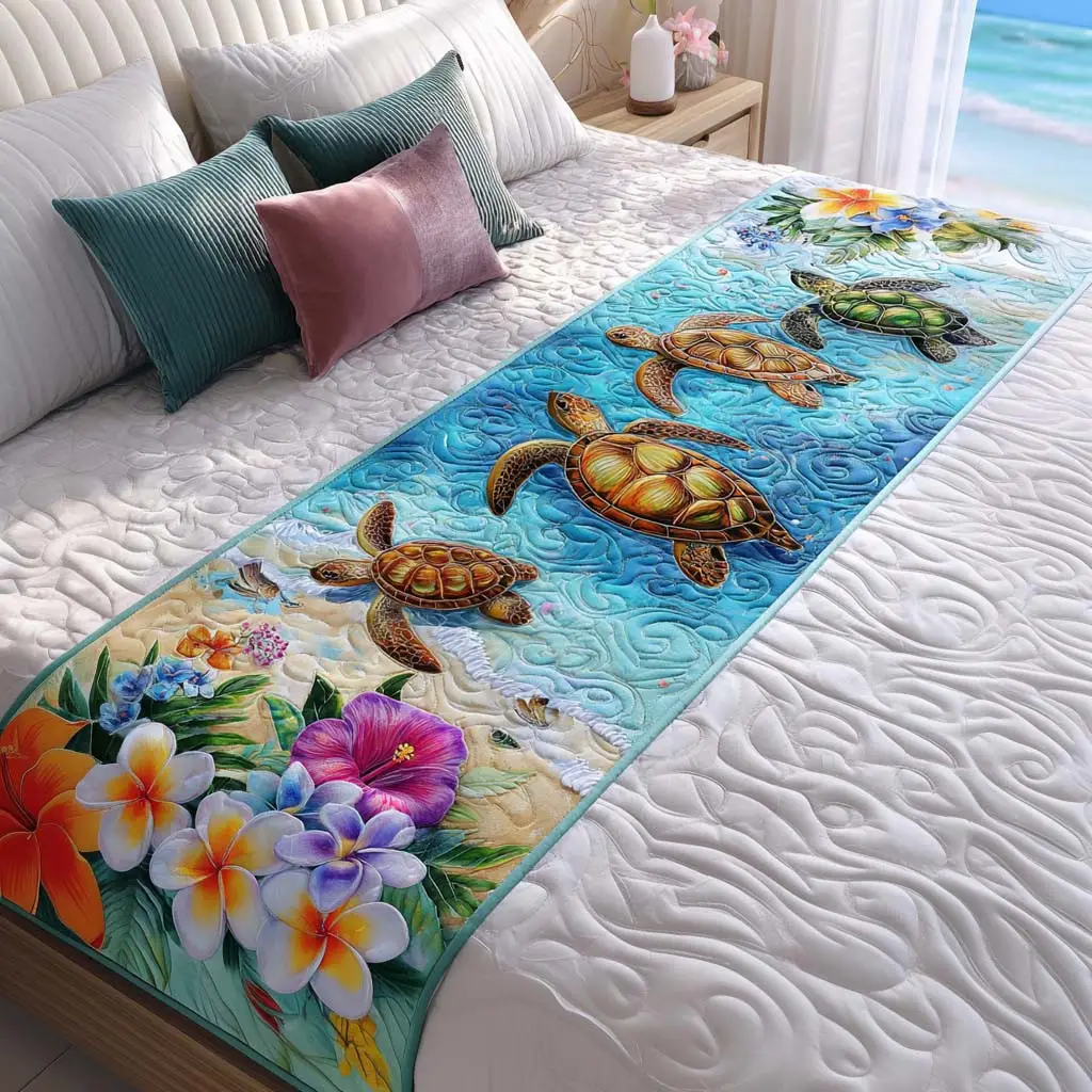 Calm Turtle Walk Quilted Bed Runner Turtle Walk Calm Nature Lover Gift