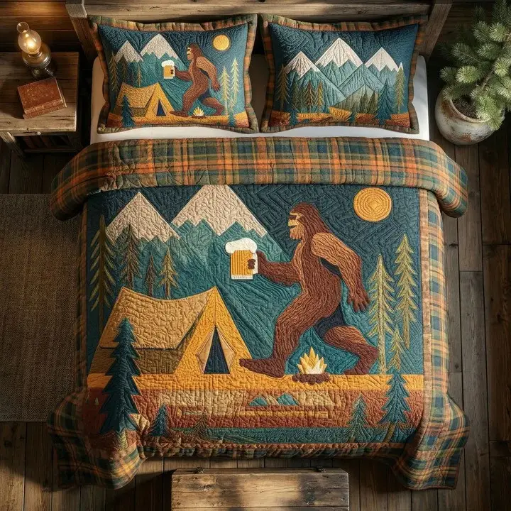 Campfire Adventure Quilted Bedding Set Camping Bedroom Decor Cozy Gift For Outdoor Lovers