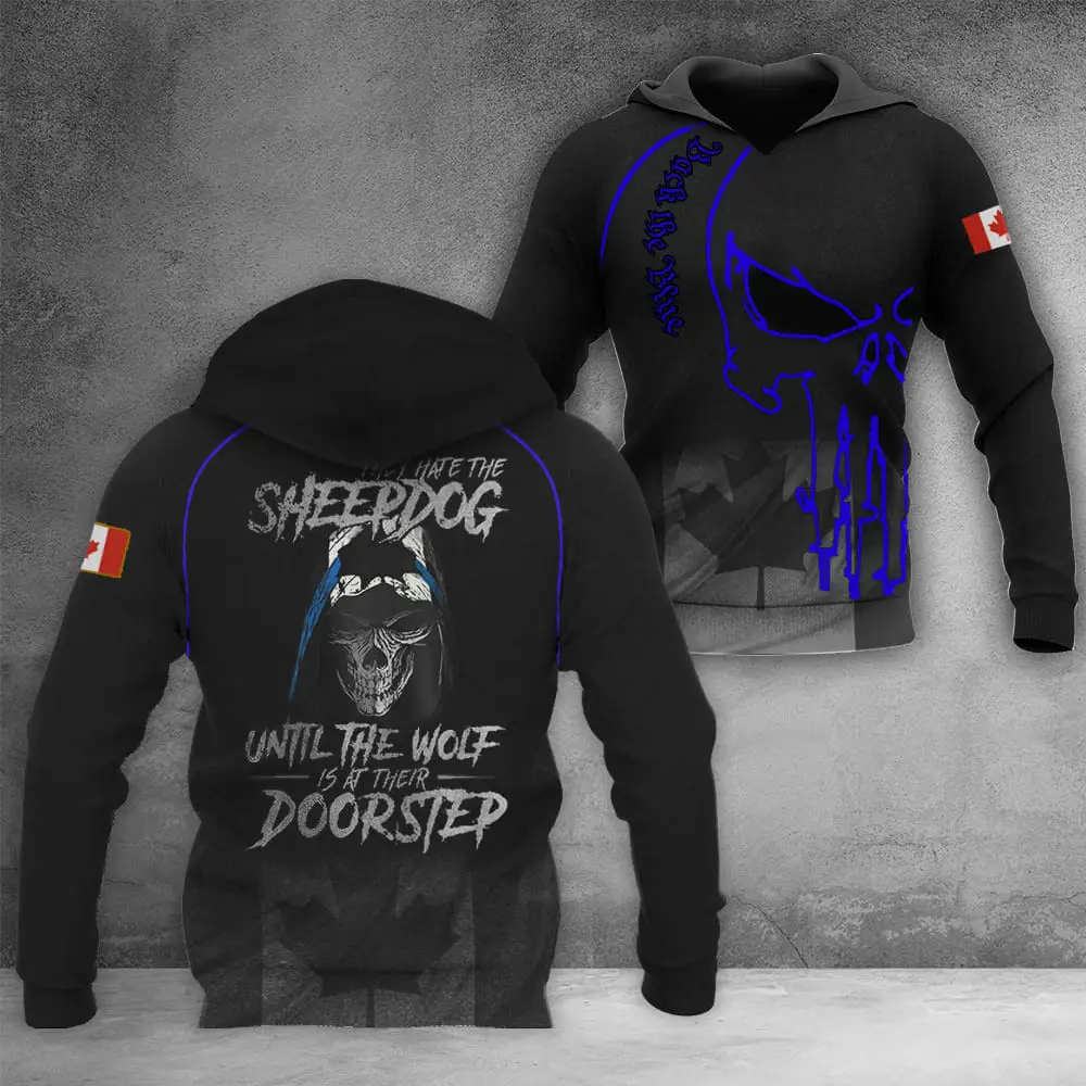 Canada Thin Blue Line Hoodie Skull They Hate The Sheepdog Support Law Enforcement Merch Canada Thin Blue Line Hoodie Skull They Hate The Sheepdog Support Law Enforcement Merch - Image 1