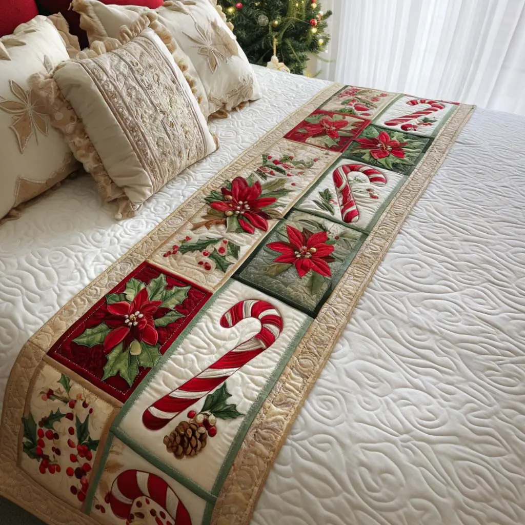 Candy and Poinsettia Quilted Bed Runner Candy Cane & Poinsettia Christmas Gift Candy and Poinsettia Quilted Bed Runner Candy Cane & Poinsettia Christmas Gift - Image 1
