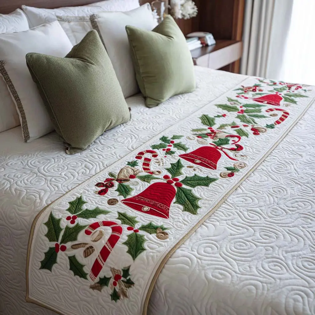 Candy Cane Bells Quilted Bed Runner Candy Cane Mix Christmas Gift for Neighbors
