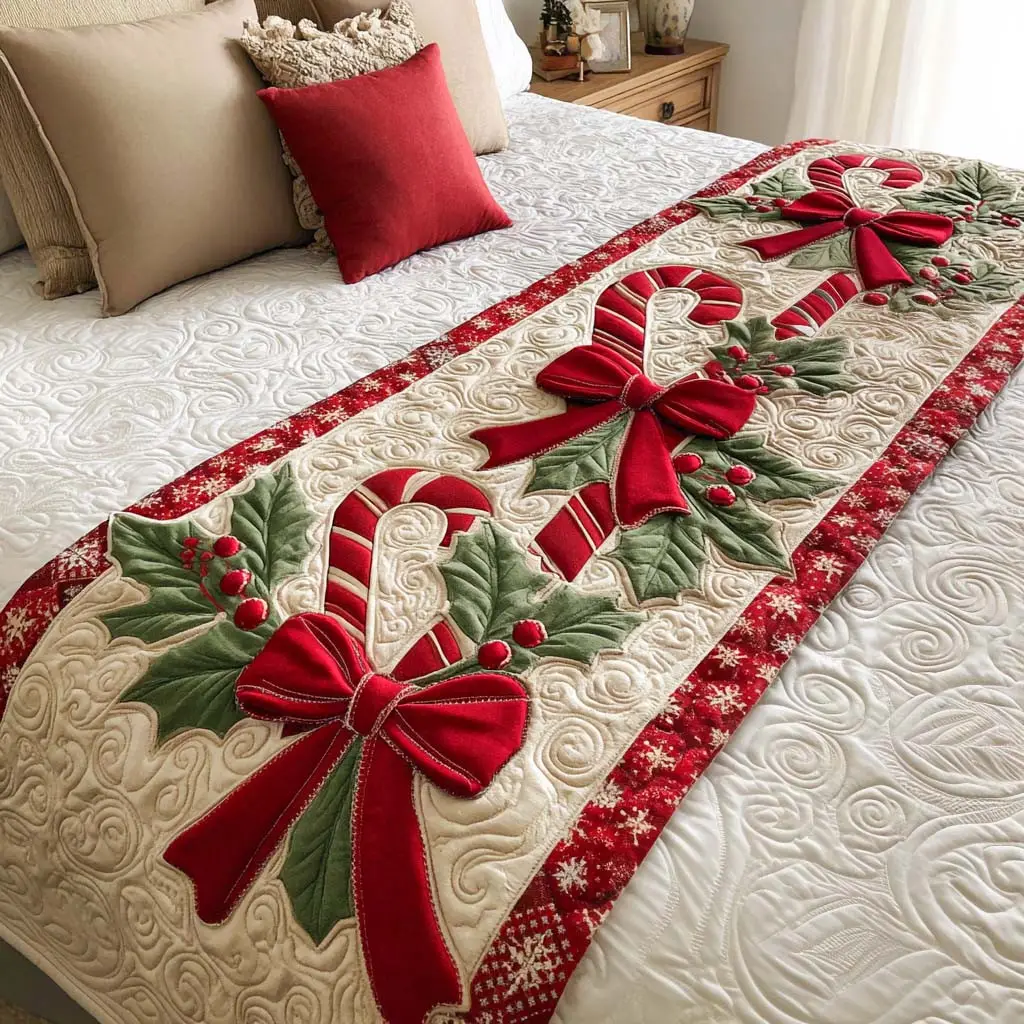 Candy Cane Joy Quilted Bed Runner Sweet Holiday Look Gift for Mom