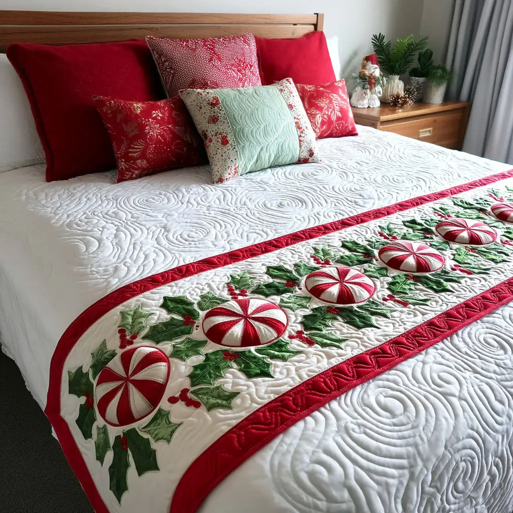 Candy Garland Quilted Bed Runner Sweet Holiday Theme Gift for Kids