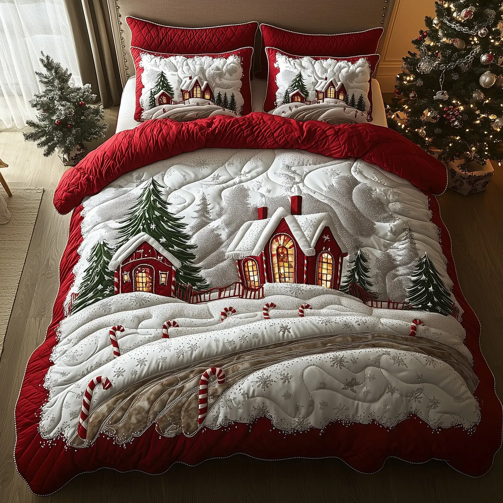 Candy Land Christmas Quilted Bedding Set Duvet Cover Bedspread Cute Chrismas Holiday Gifts For Teens