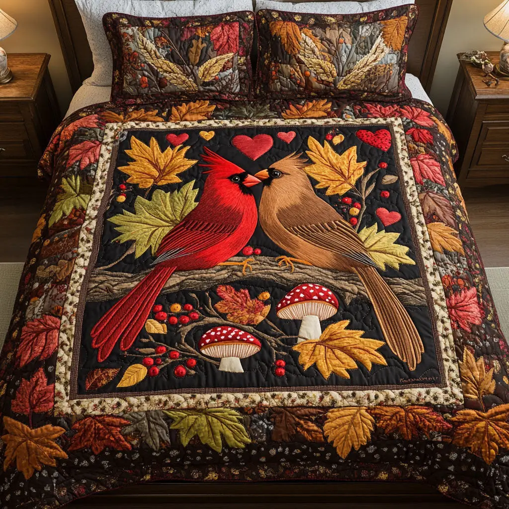 Cardinal Autumn Love Quilted Bedding Set Valentine Day Gift Ideas For Entire Family Cardinal Autumn Love Quilted Bedding Set Valentine Day Gift Ideas For Entire Family - Image 1