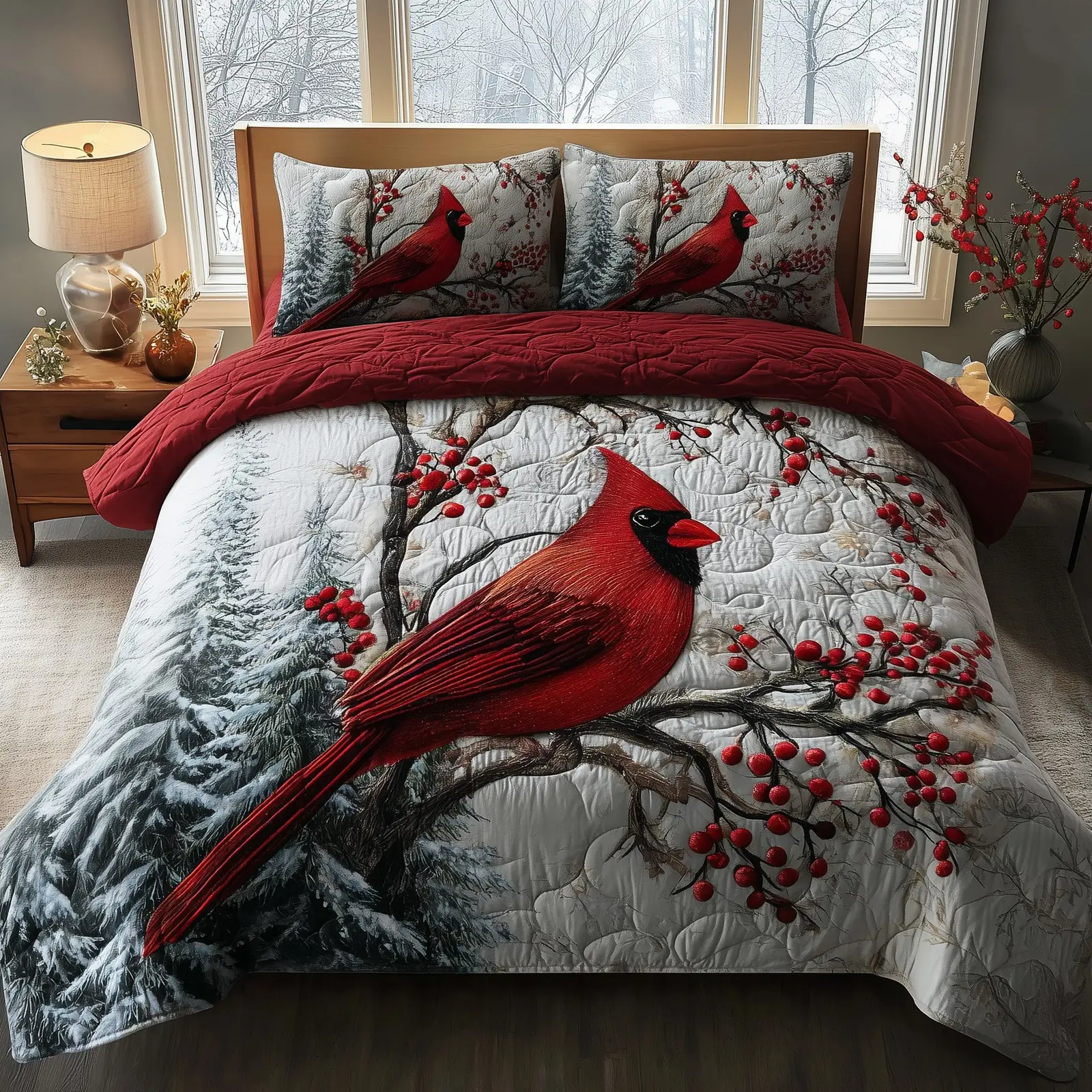 Cardinal Charm Quilted Bedding Set Decoration Red Cardinal Memorial Gift